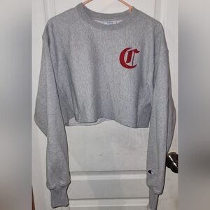 Champion Gray Cropped Sweatshirt with Red Logo With Back Detail